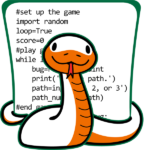 snake with python code, python programming for beginners icon