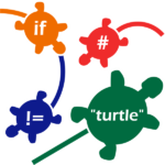 four turtles with python symbols, programming for kids icon