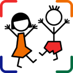 two children with their hands up in the air, all about me icon